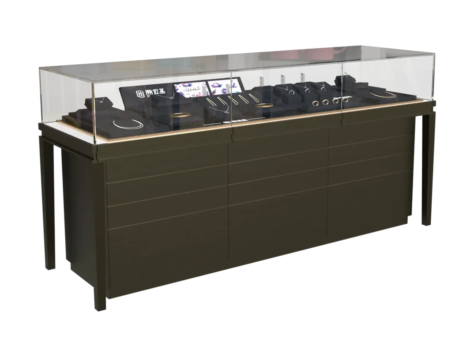 perspective view of frameless low jewelry counter