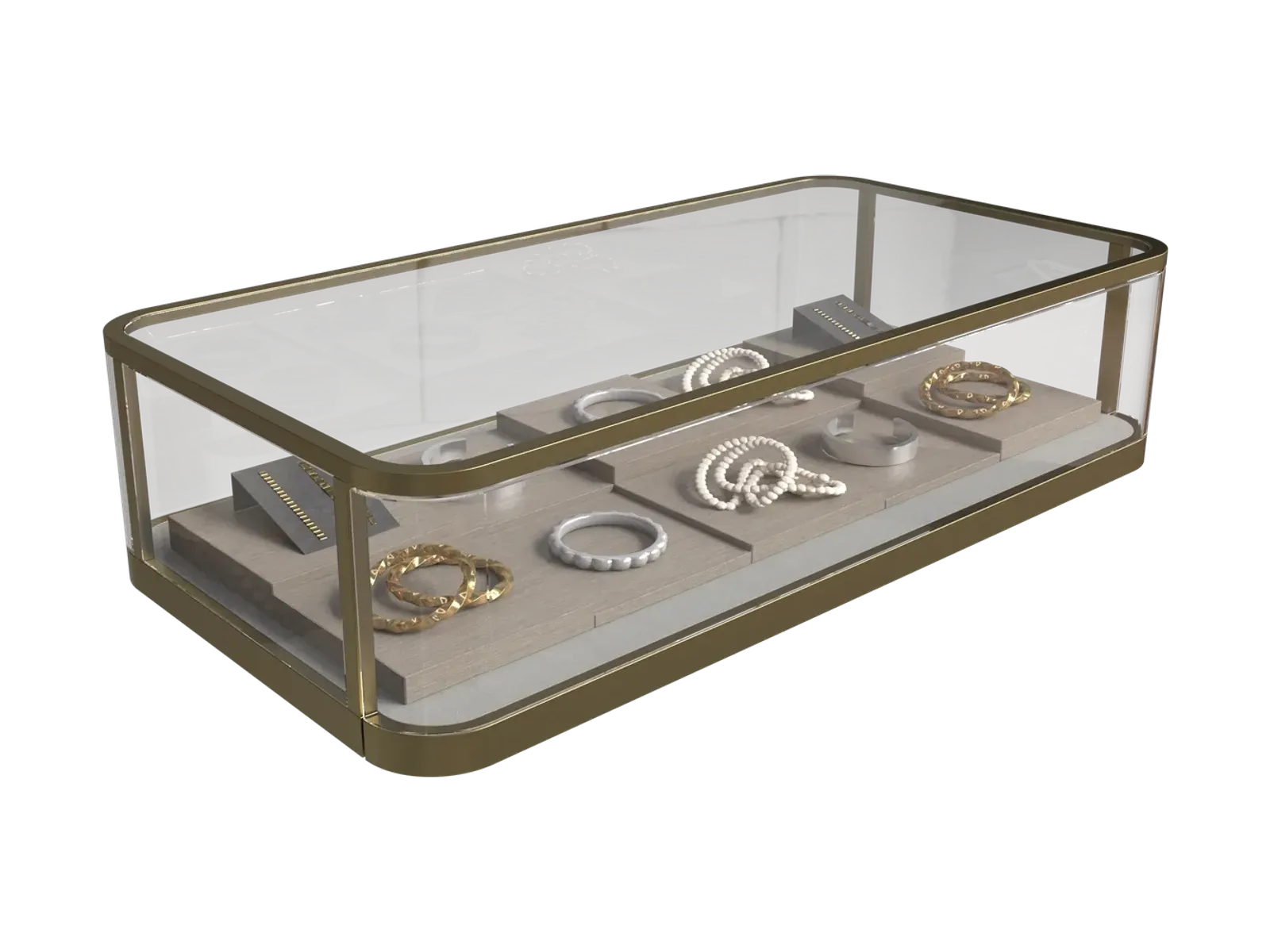 perspective view of rounded-corner glass cover jewelry showcase