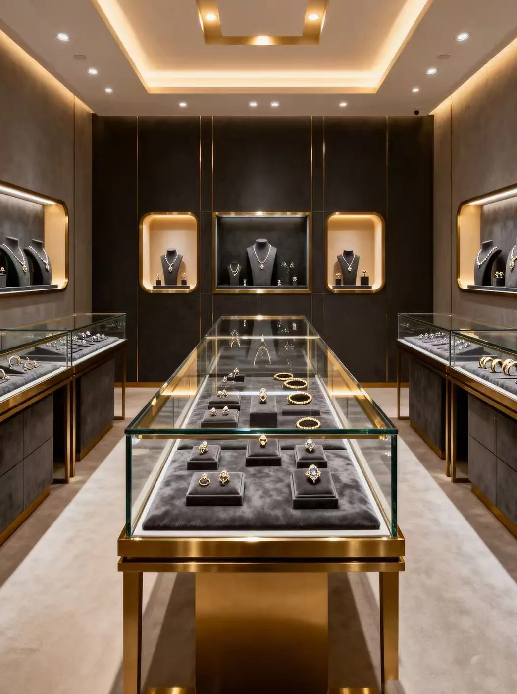 Black and gold jewelry store showcase interior
