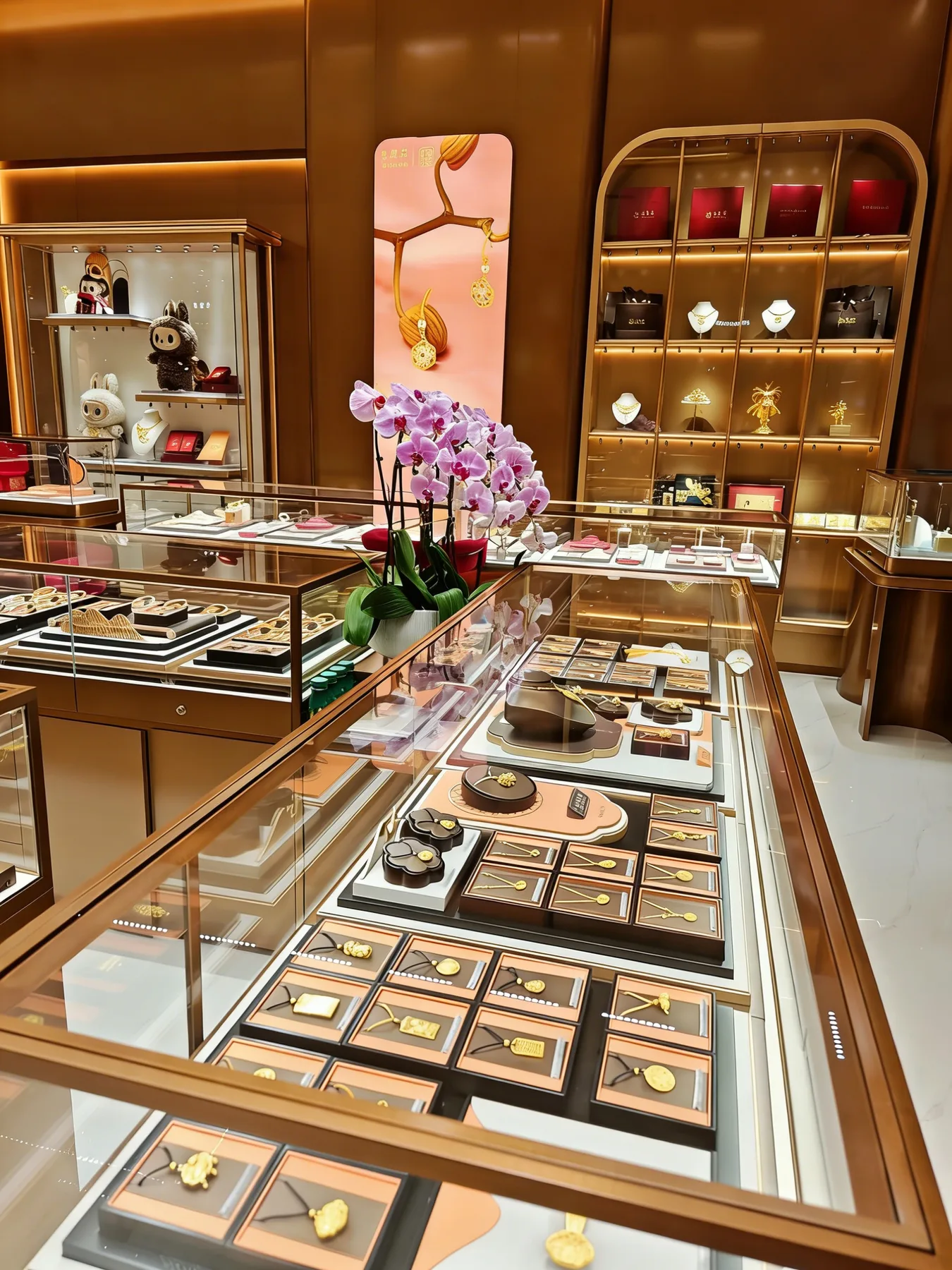 Warm gold jewelry store showcase interior