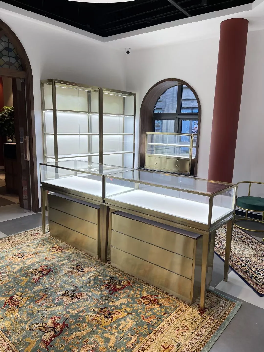 Champagne gold jewelry counters and wall cabinets