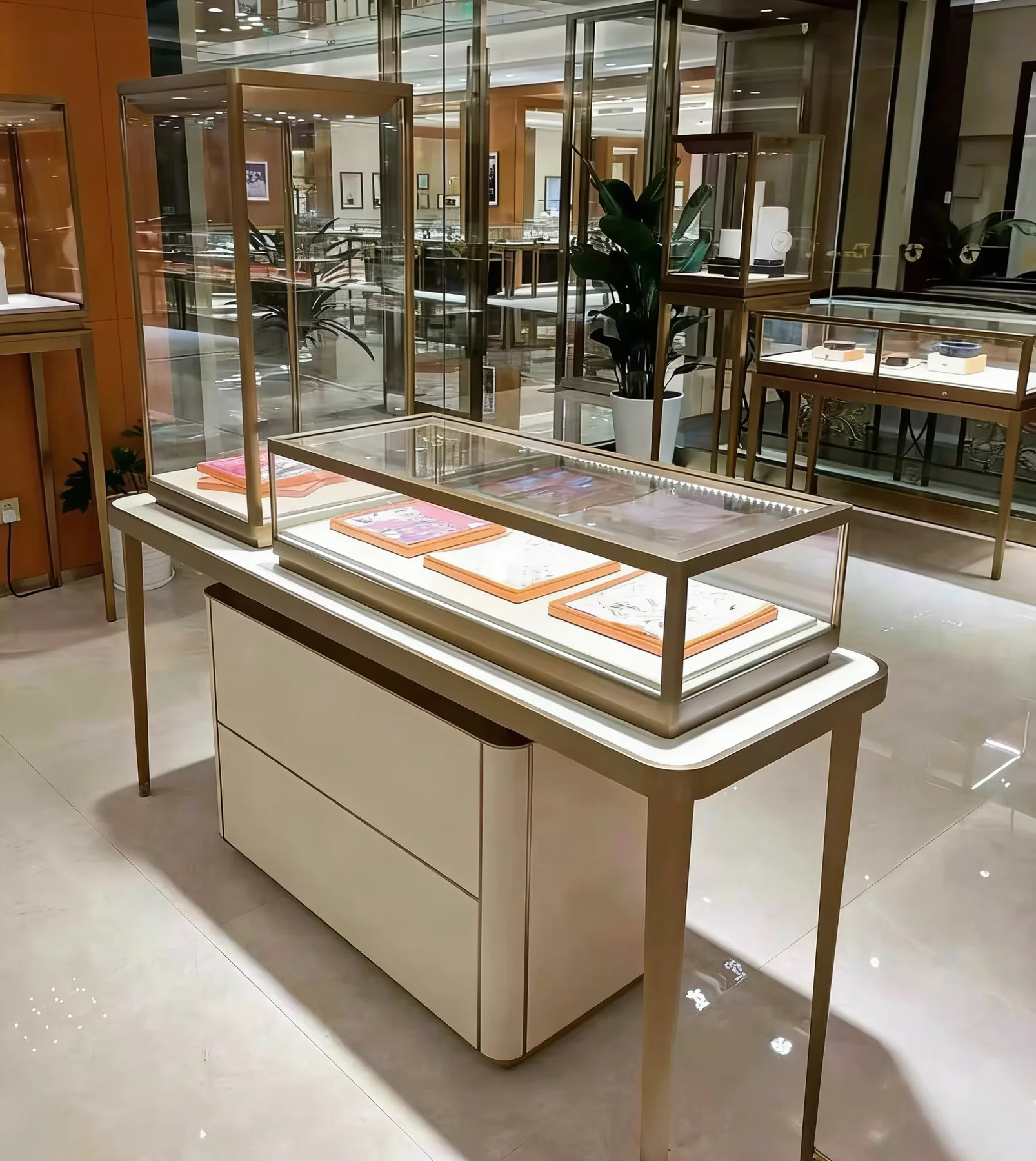 Island jewelry counter and tall showcase combination