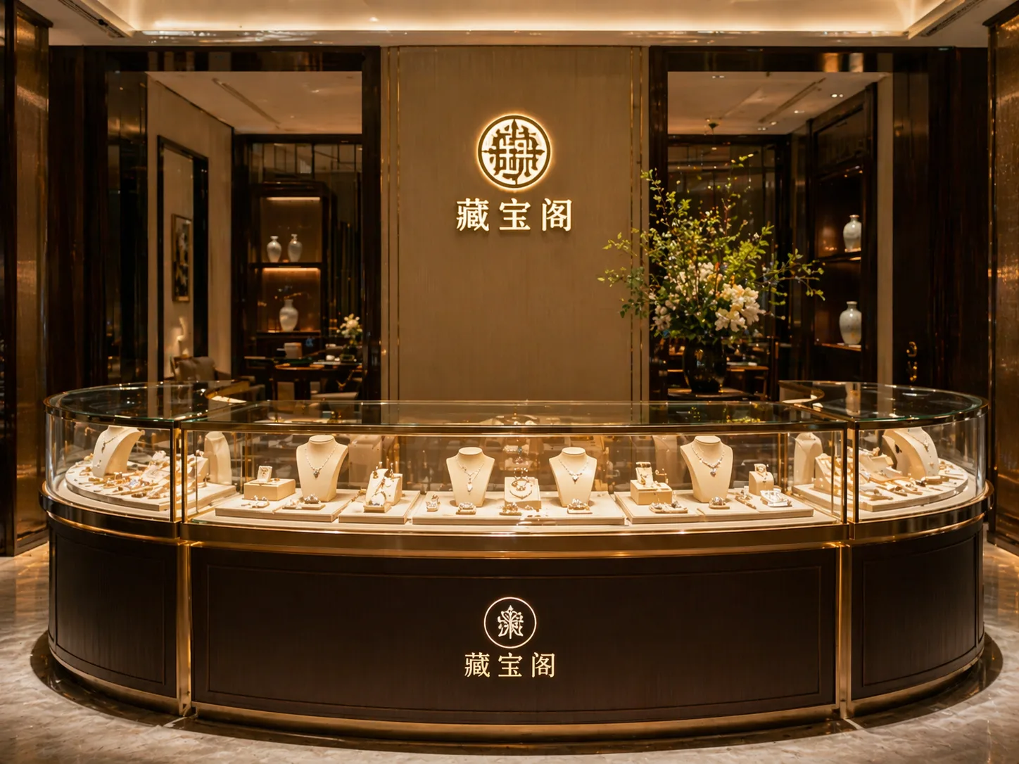 Dark curved jewelry counter full-store concept