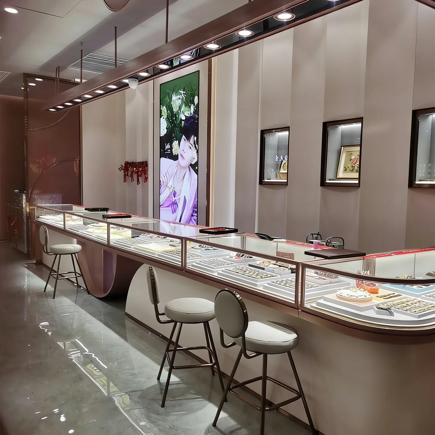 Rose gold stainless steel jewelry counter in a store